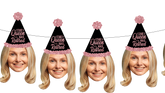 blond woman wearing a black and pink party hat reading "The Queen Has Retired"